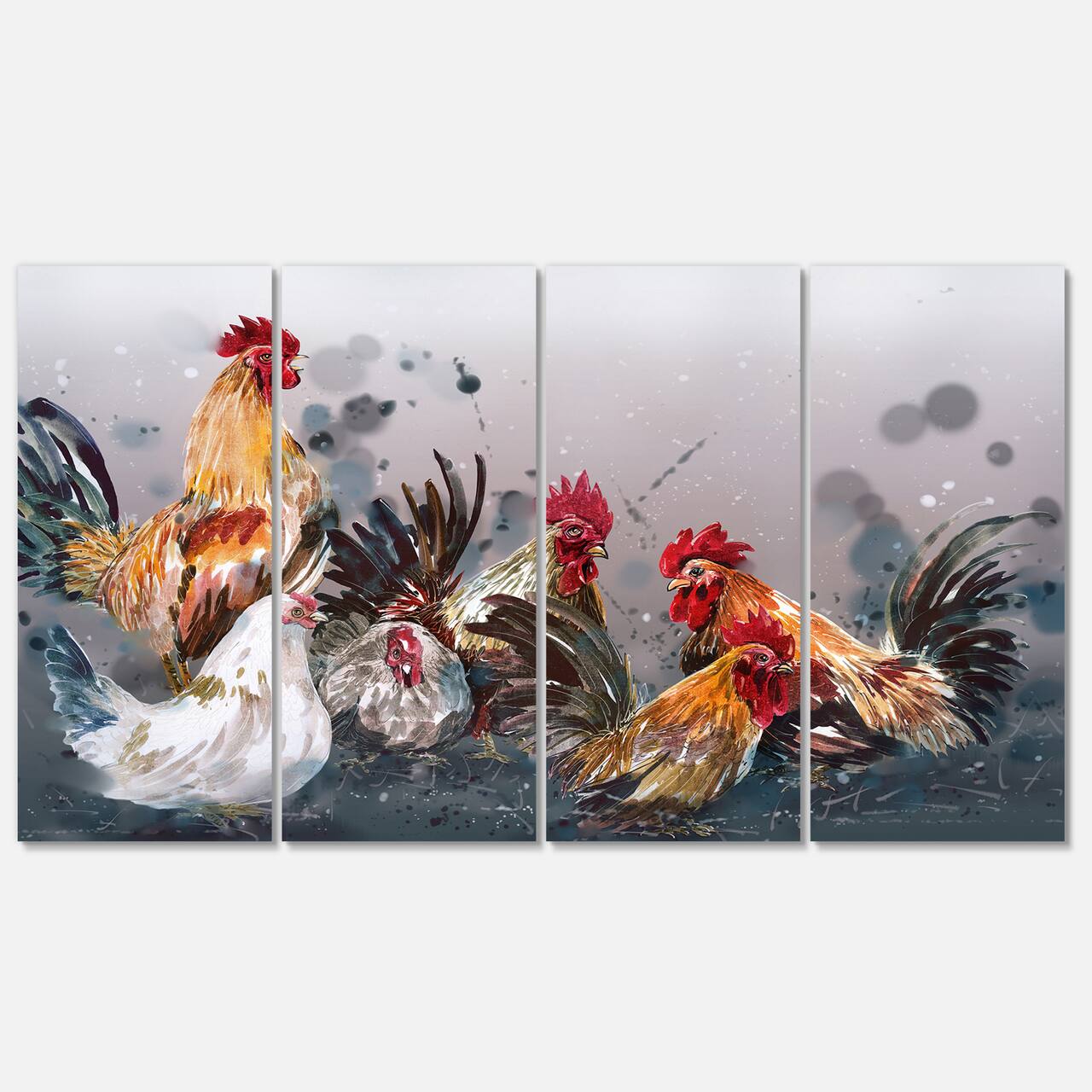 Designart - Group of Rooster in Gray Farm background - Farmhouse Animal Painting Print on Wrapped Canvas set